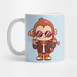 Cute Cool Monkey With Baseball Bat With Jacket And Banana Cartoon Mug